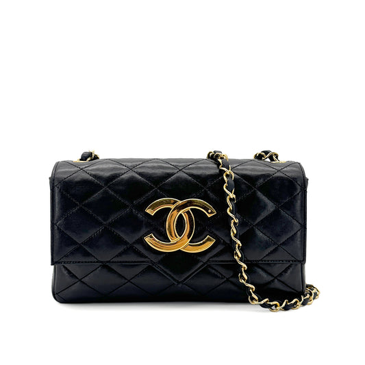 CHANEL VINTAGE MATELASSE BIG COCO CHAIN SHOULDER BAG BLACK LAMB SKIN 90287111