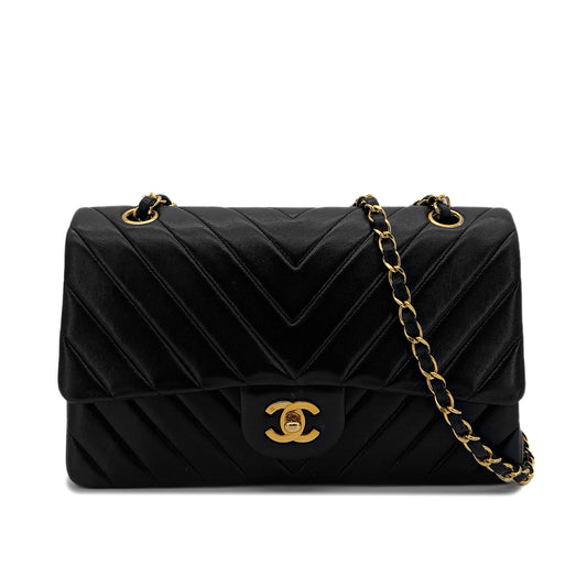CHANEL VINTAGE CHEVRON CHAIN SHOULDER BAG BLACK LAMB SKIN 90287209