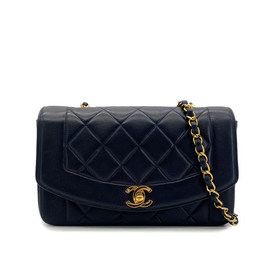 CHANEL VINTAGE DIANA SMALL CHAIN SHOULDER BAG NAVY LAMB SKIN 90287221
