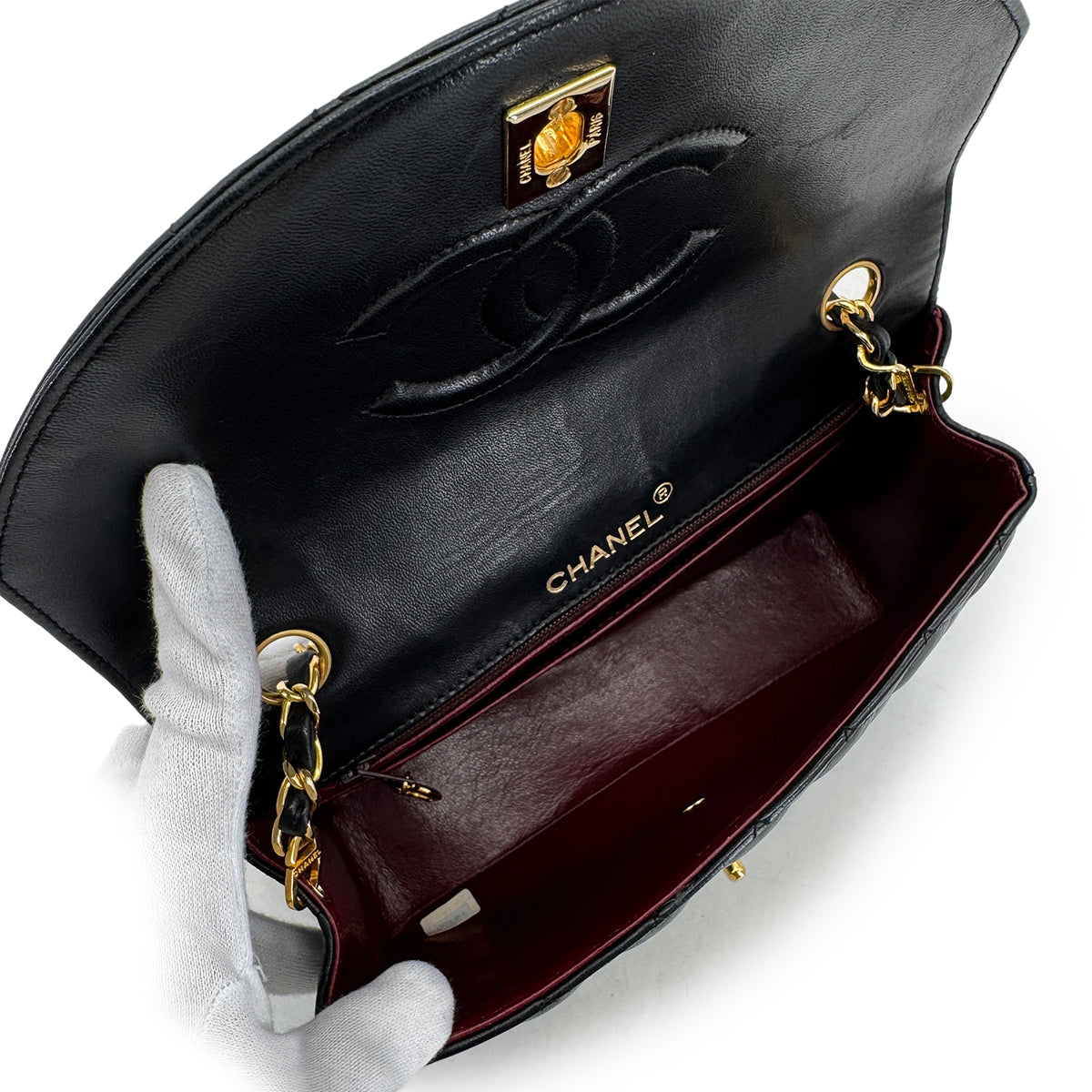 CHANEL VINTAGE MATELASSE HALF MOON CHAIN SHOULDER BAG BLACK LAMB SKIN 90287223