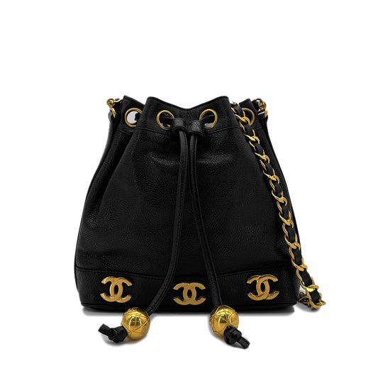 CHANEL VINTAGE TRIPLE COCO CHAIN SHOULDER BAG BLACK CAVIAR SKIN 90287235