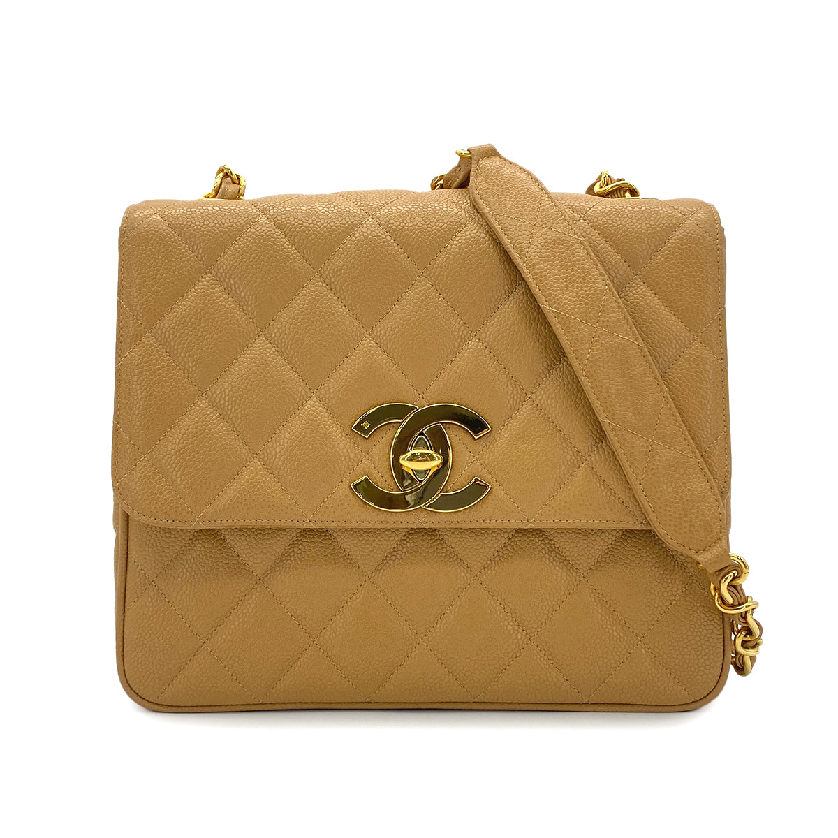 CHANEL VINTAGE MATELASSE CHAIN SHOULDER BAG BEIGE CAVIAR SKIN 90287238