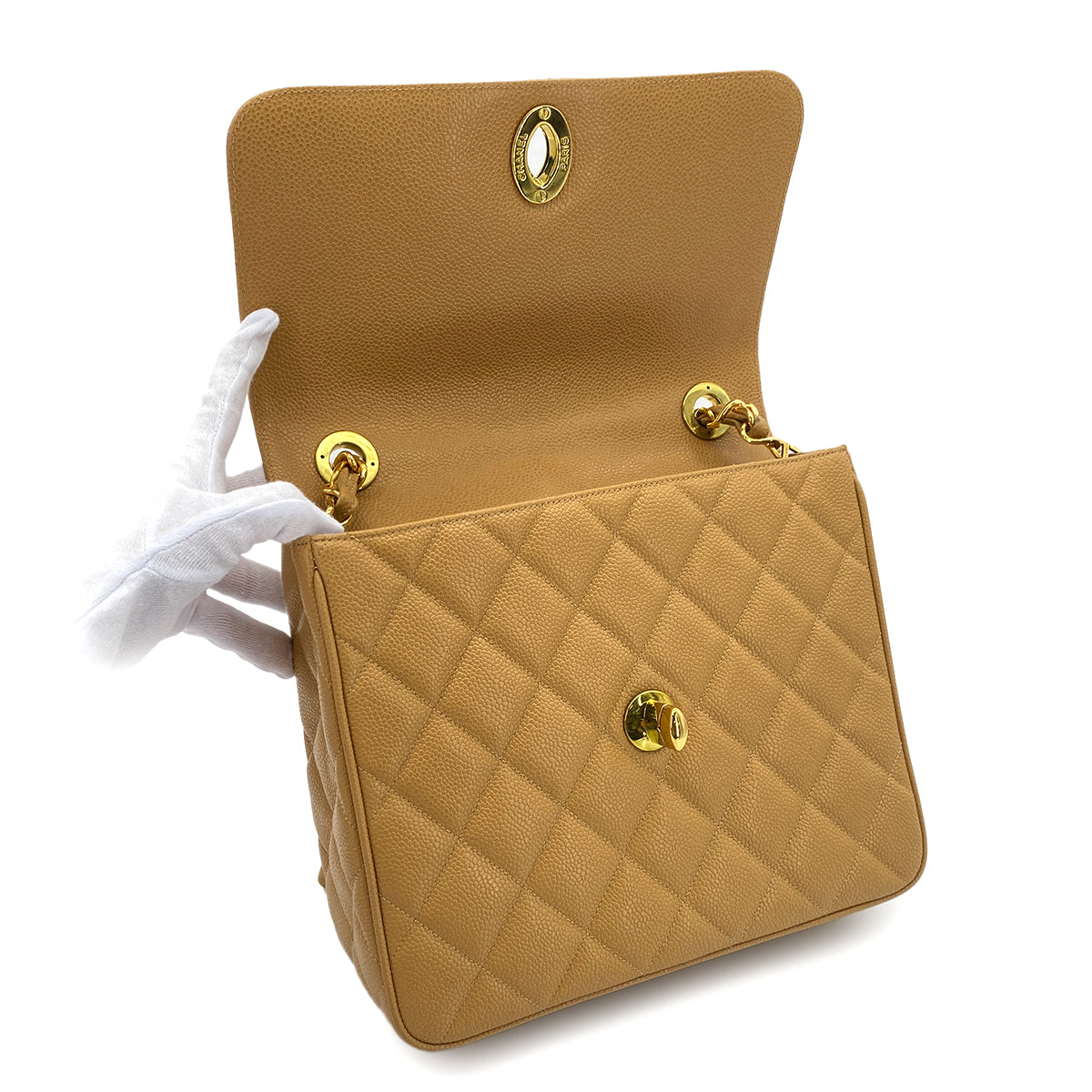 CHANEL VINTAGE MATELASSE CHAIN SHOULDER BAG BEIGE CAVIAR SKIN 90287238