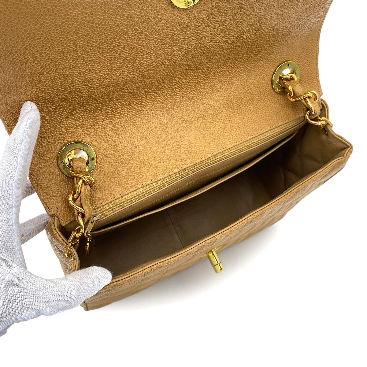 CHANEL VINTAGE MATELASSE CHAIN SHOULDER BAG BEIGE CAVIAR SKIN 90287238