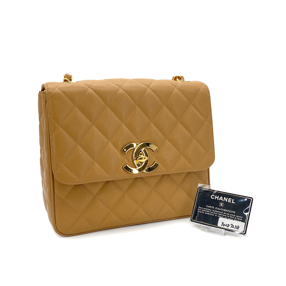 CHANEL VINTAGE MATELASSE CHAIN SHOULDER BAG BEIGE CAVIAR SKIN 90287238