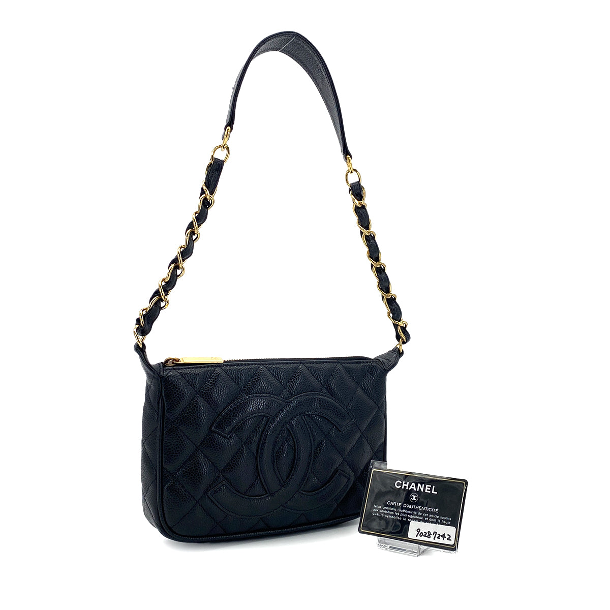 CHANEL VINTAGE COCOMARK MATELASSE CHAIN SHOULDER BAG BLACK CAVIR SKIN 90287242