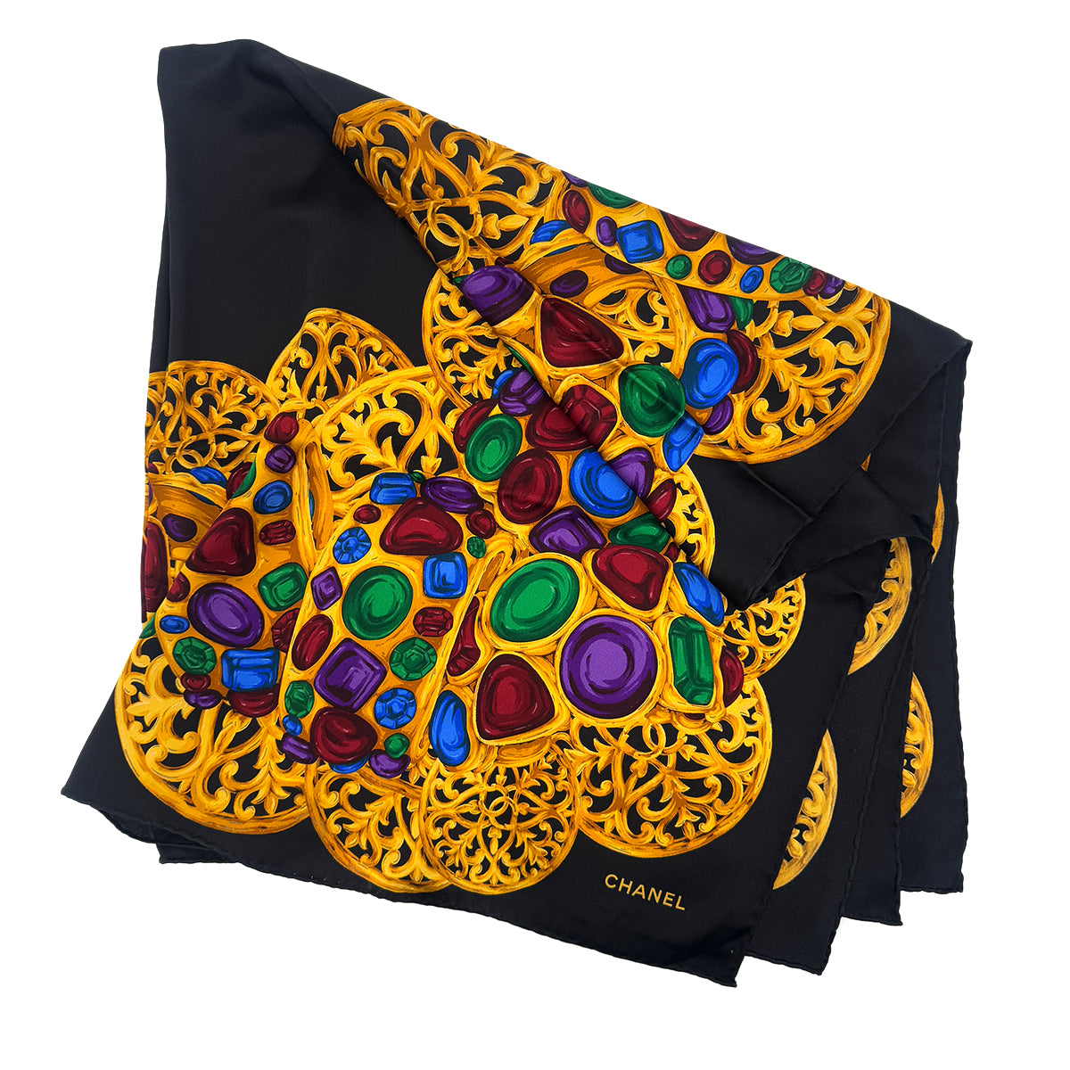 CHANEL VINTAGE SCARF GRIPOA PATTERN BLACK SILK 90287467