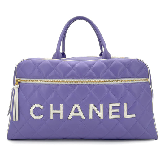 CHANEL VINTAGE MATELASSE LOGO BOSTON HAND BAG PURPLE WHITE LEATHER 90287478
