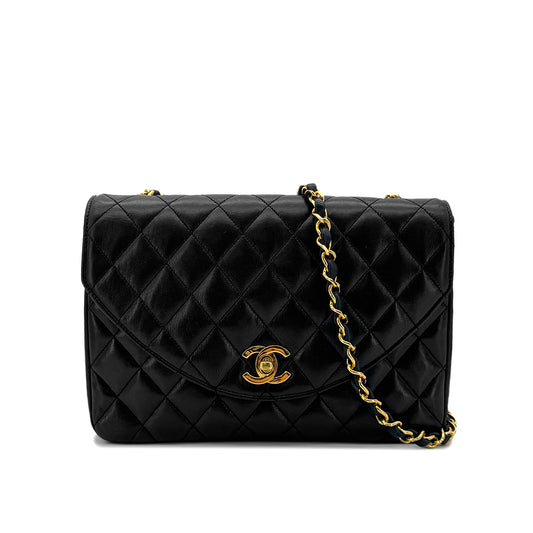 CHANEL VINTAGE MATELASSE HALF MOON CHAIN SHOULDER BAG BLACK LAMB SKIN 90287883