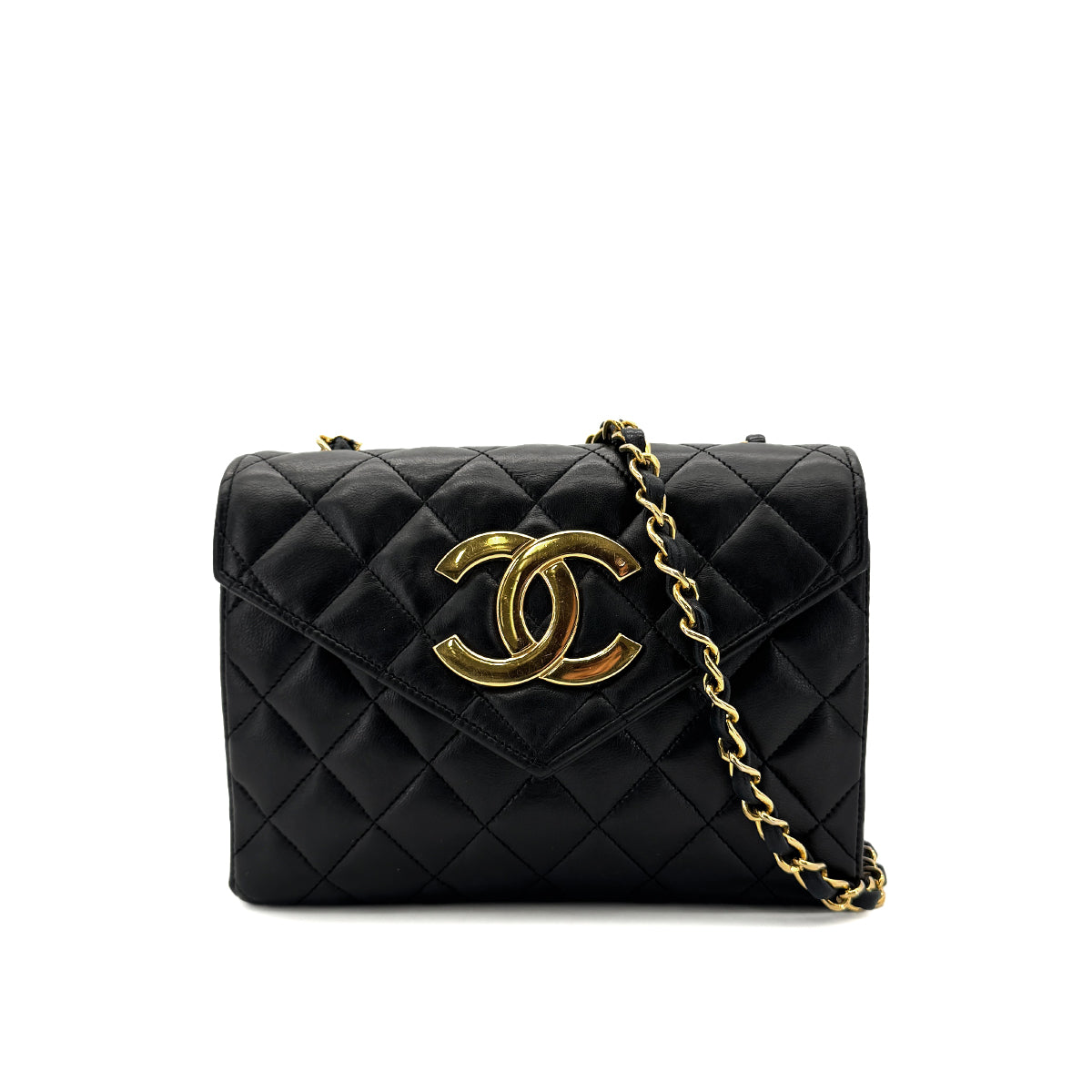 CHANEL VINTAGE MATELASSE BIG COCO CHAIN SHOULDER BAG BLACK LAMB SKIN 90287895