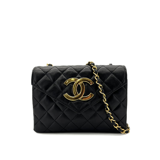 CHANEL VINTAGE MATELASSE BIG COCO CHAIN SHOULDER BAG BLACK LAMB SKIN 90287895