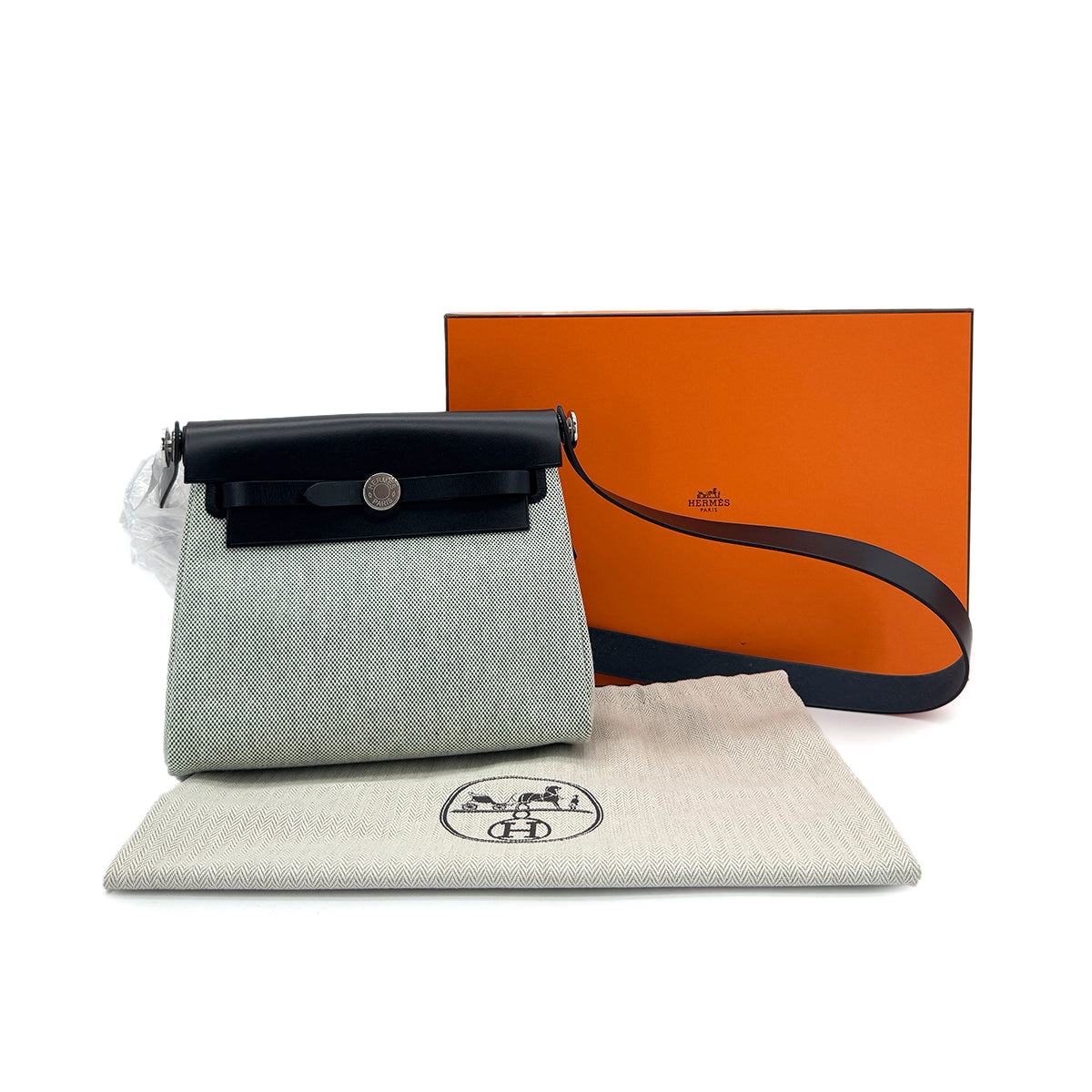 HERMES HER BAG ZIP 20 MINI VERT MOYEN BLACK VACHE HUNTER TOILE MILITAIRE SHOULDER BAG K 90287998
