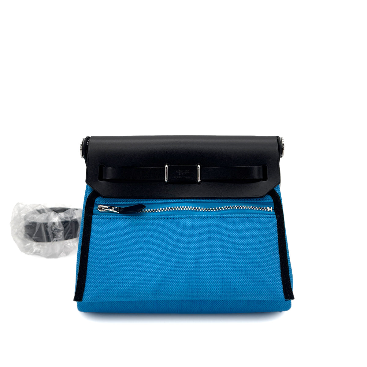 HERMES HER BAG ZIP 20 MINI BLEU RIVIERA BLACK VACHE HUNTER TOILE MILITAIRE SHOULDER BAG W 90287999