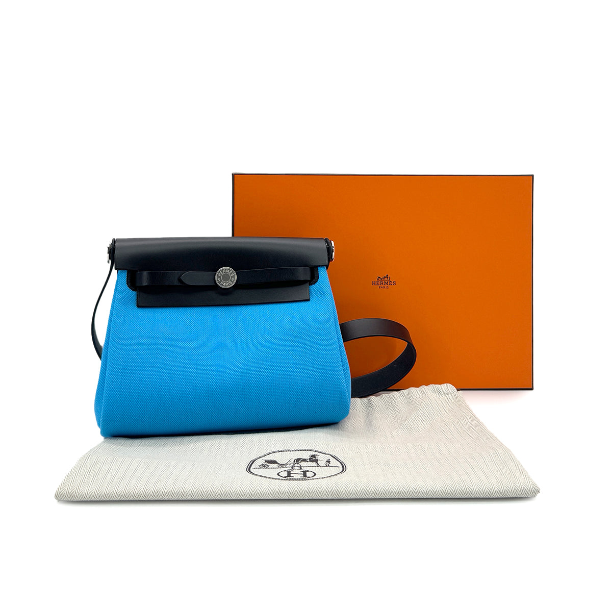 HERMES HER BAG ZIP 20 MINI BLEU RIVIERA BLACK VACHE HUNTER TOILE MILITAIRE SHOULDER BAG W 90287999