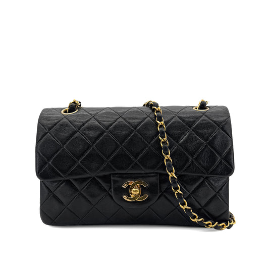 HERMES VINTAGE CLASSIC FLAP SMALL CHAIN SHOULDER BAG BLACK LAMB SKIN 90288001