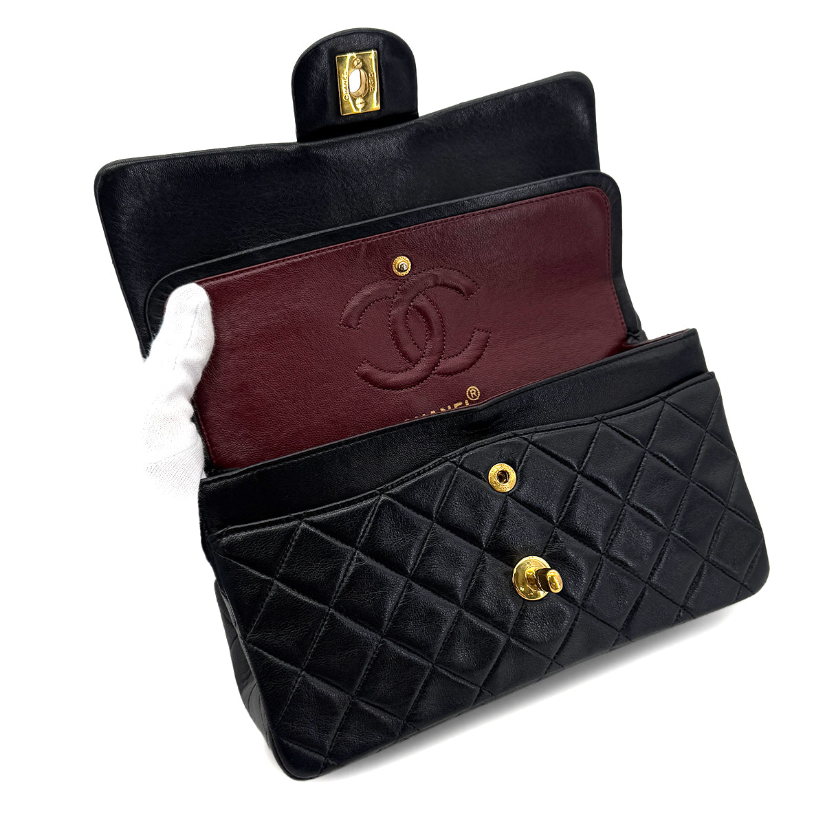 HERMES VINTAGE CLASSIC FLAP SMALL CHAIN SHOULDER BAG BLACK LAMB SKIN 90288001