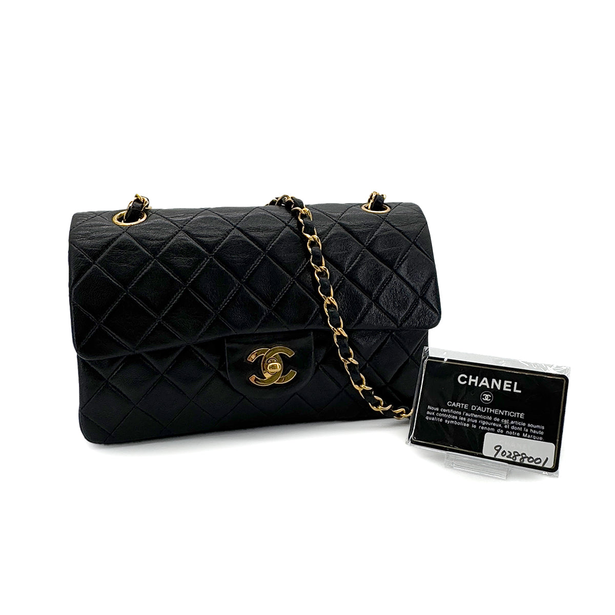 HERMES VINTAGE CLASSIC FLAP SMALL CHAIN SHOULDER BAG BLACK LAMB SKIN 90288001