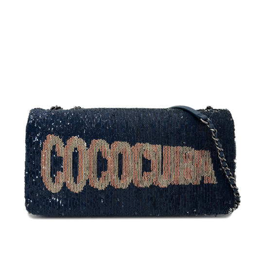 CHANEL COCO CUBA CHAIN SHOULDER BAG NAVY PINK SEQUINS LEATHER 90288005