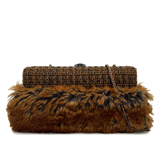 CHANEL CLUTCH CHAIN SHOULDER BAG BROWN TWEED FUR 90288006