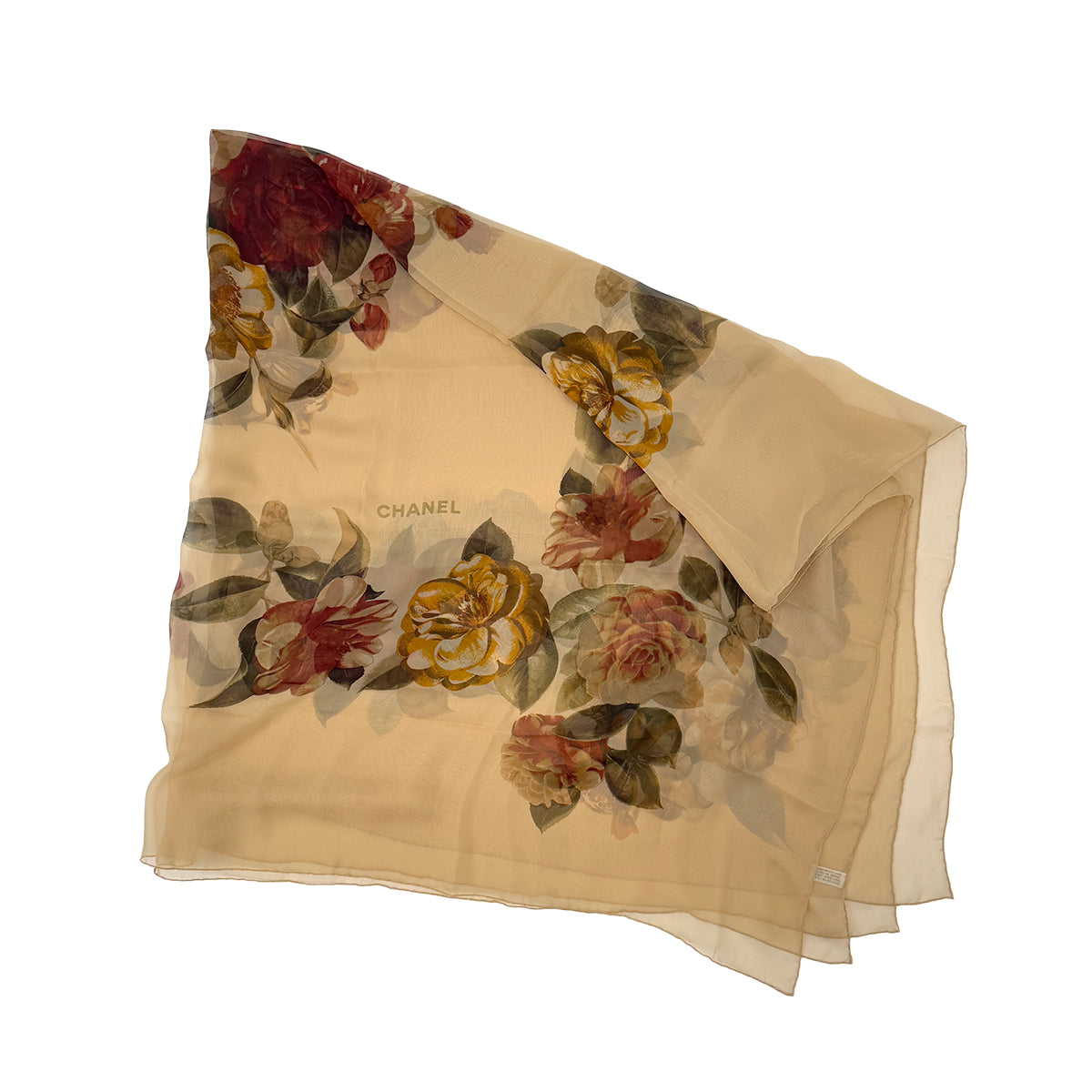CHANEL VINTAGE FLOWER PATTERN SCARF BEIGE SILK 90288020