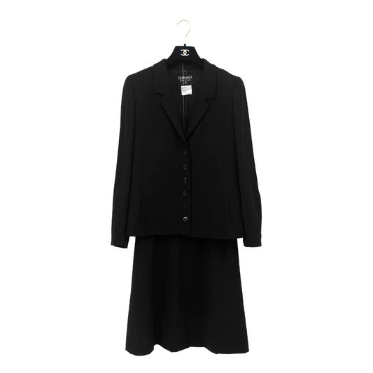 CHANEL VINTAGE JACKET SKIRT SET WOOL COCO BUTTON BLACK 38 98A RTW 90288023
