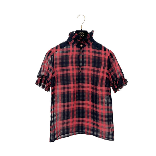 CHANEL VINTAGE LION BUTTON GINGHAM CHECK PATTERN ORGANZA BLOUSE CORAL DARK NAVY COTTON 34 17P RTW 90288027