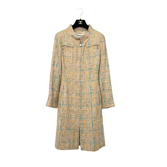 CHANEL VINTAGE COCO BUTTON TWEED ZIP-UP COAT BEIGE RAYON 36 01P RTW 90288031
