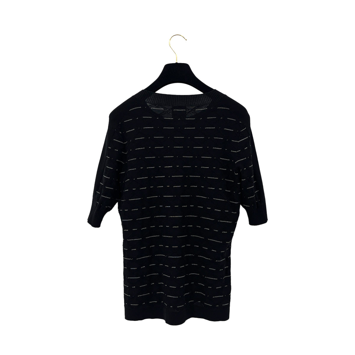 CHANEL COCOMARK CAMELLIA STRIPE HALF SLEEVE TOPS BLACK COTTON 40 P47 RTW 90288050