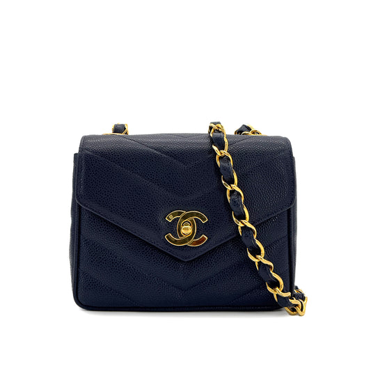 CHANEL VINTAGE CHEVRON V STITCH CHAIN SHOULDER BAG NAVY CAVIAR SKIN 90288483