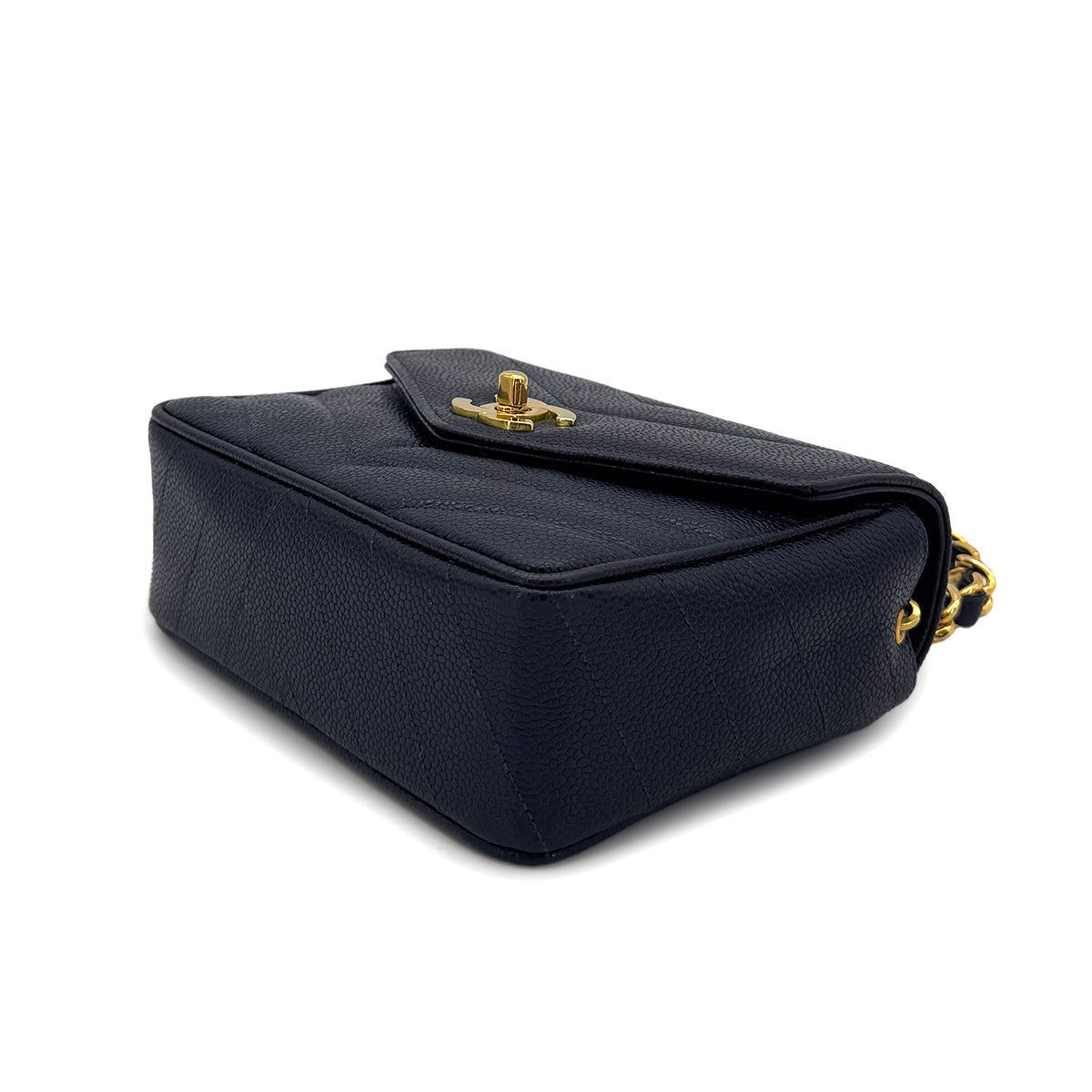 CHANEL VINTAGE CHEVRON V STITCH CHAIN SHOULDER BAG NAVY CAVIAR SKIN 90288483