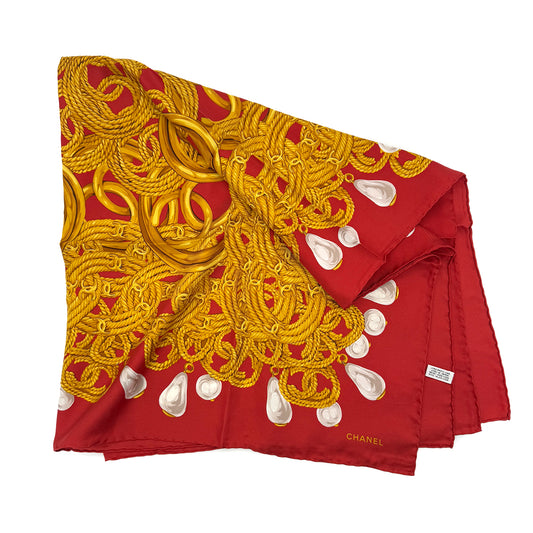 CHANEL VINTAGE COCOMARK PEARL CHAIN SCARF RED SILK 90288487