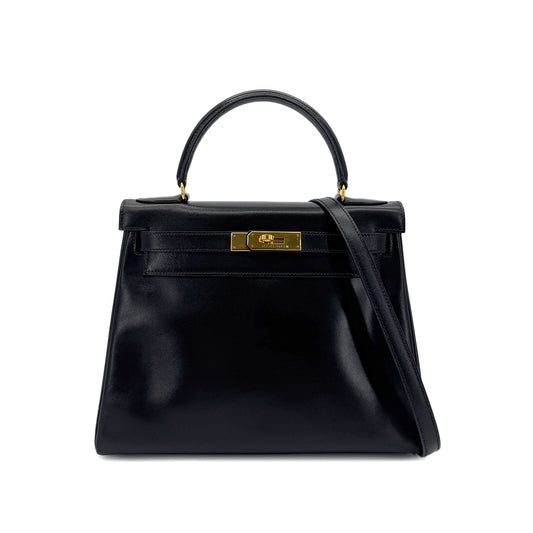HERMES KELLY 28 RETOURNE BLACK BOXCALF HAND SHOULDER BAG 〇V GHW 90288495