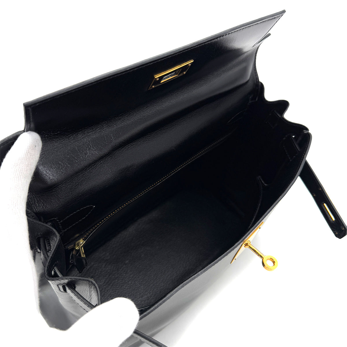 HERMES KELLY 28 RETOURNE BLACK BOXCALF HAND SHOULDER BAG 〇V GHW 90288495