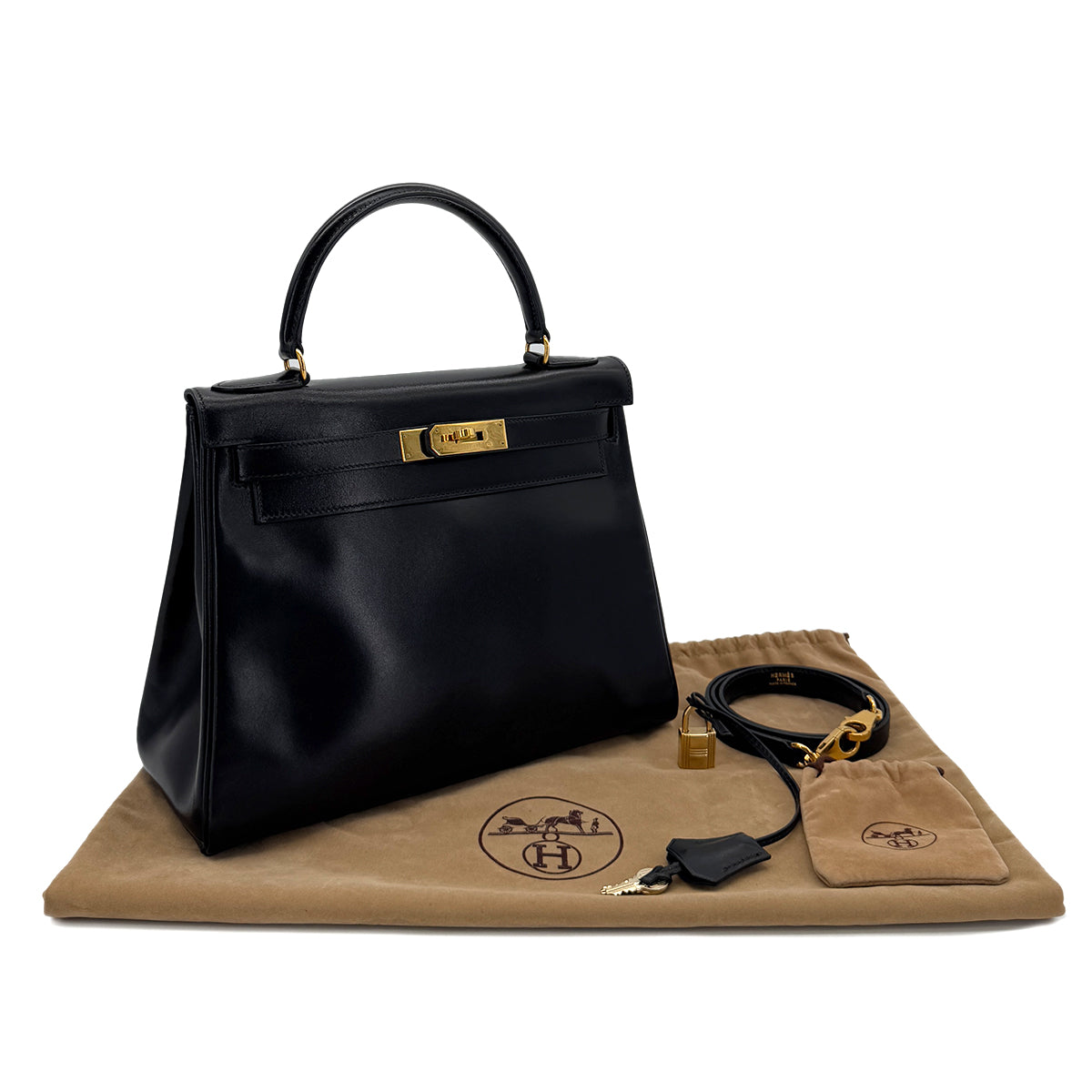 HERMES KELLY 28 RETOURNE BLACK BOXCALF HAND SHOULDER BAG 〇V GHW 90288495