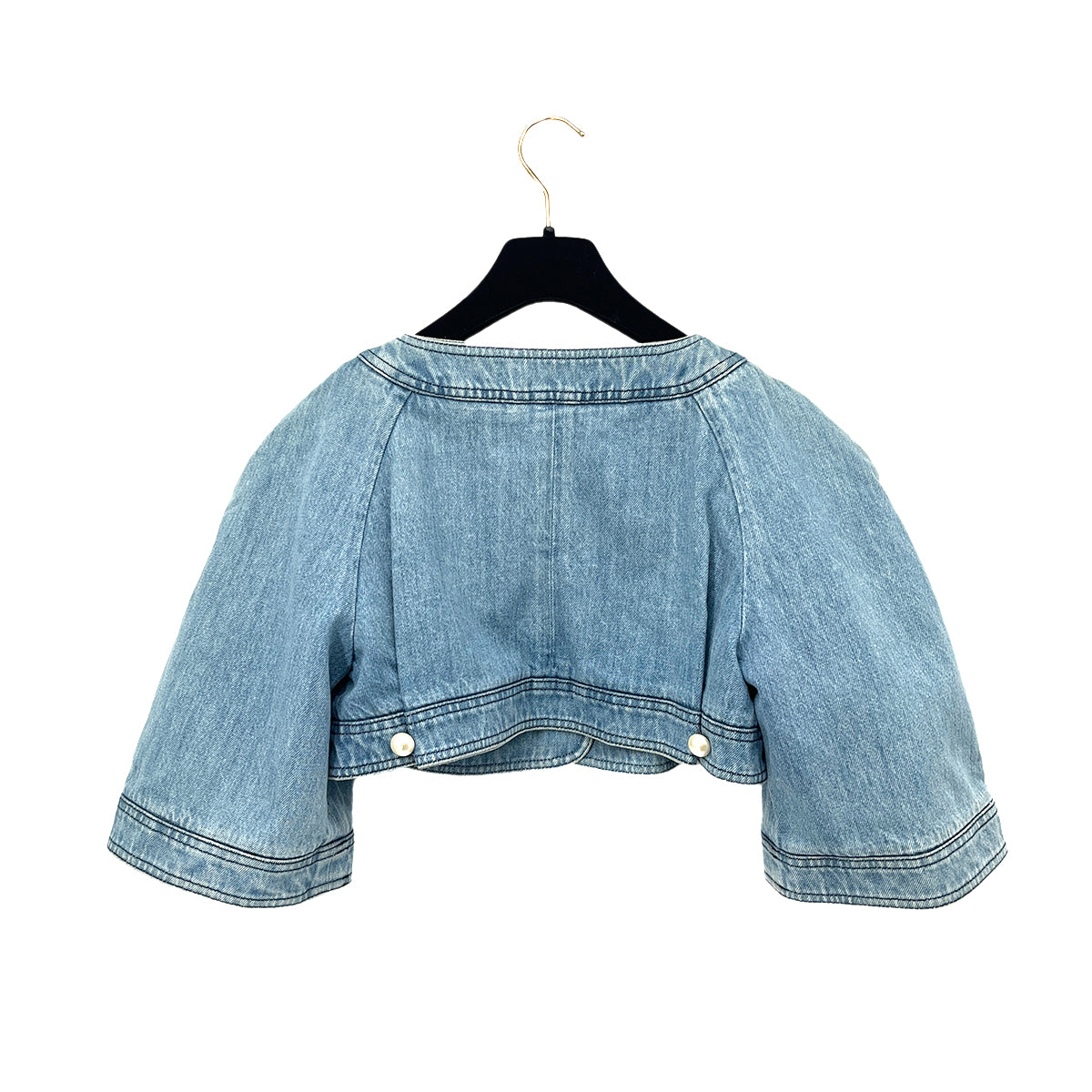 CHANEL COCO FAKE PEARL BUTTON DENIM SHORT JACKET BLUE COTTON 36 P45 RTW 90288505