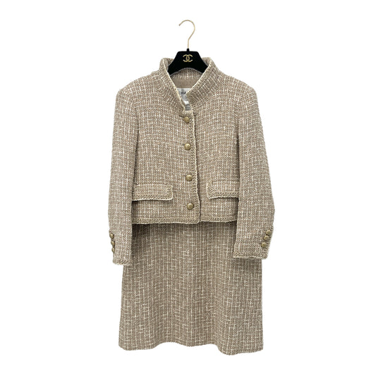 CHANEL TWEED JACKET SKIRT SET BEIGE COTTON 44 P50 RTW 90288513