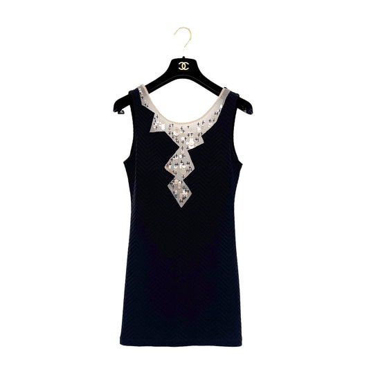 CHANEL VINTAGE COCOMARK CHEVRON SEQUINS SLEEVELESS DRESS BLACK NYLON 36 08C RTW 90288727
