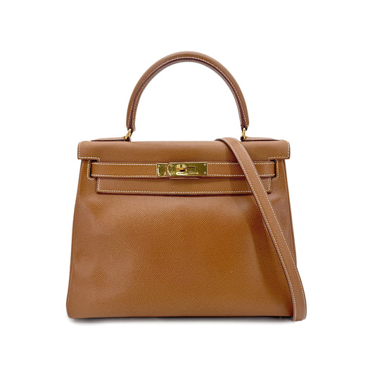 HERMES KELLY 28 SELLIER GOLD COUCHEVEL HAND SHOULDER BAG  〇Y GHW 90288972