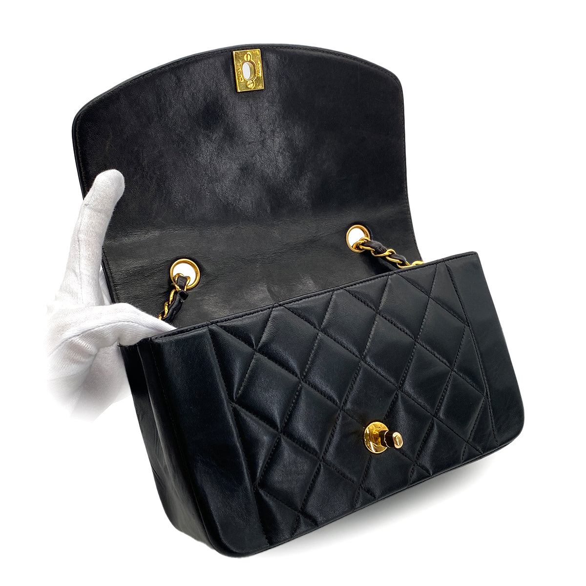 CHANEL VINTAGE DIANA SMALL CHAIN SHOULDER BAG BLACK LAMB SKIN 90288975