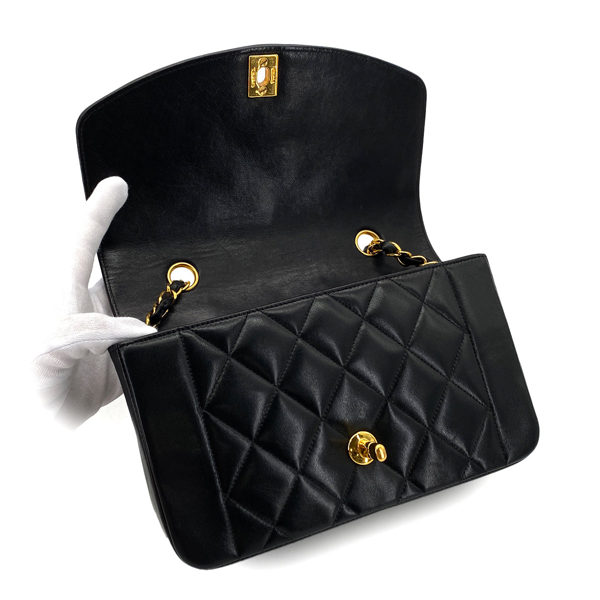 CHANEL VINTAGE DIANA SMALL CHAIN SHOULDER BAG BLACK LAMB SKIN 90288985