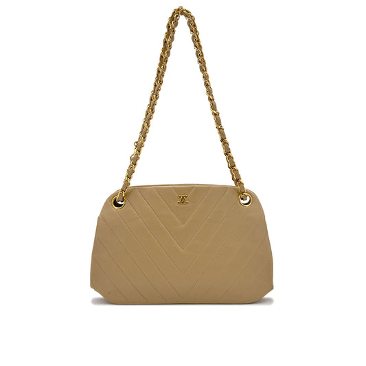 CHANEL VINTAGE CHEVRON CHAIN SHOULDER BAG BEIGE LAMB SKIN 90289057
