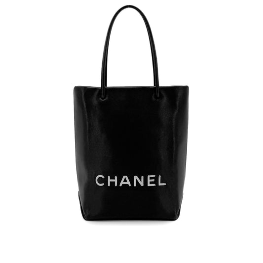 CHANEL VINTAGE ESSENTIAL TOTE BAG BLACK WHITE CALF LEATHER 90289058