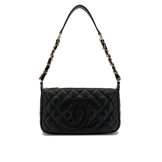 CHANEL VINTAGE COCOMARK MATELASSE CHAIN SHOULDER BAG BLACK CAVIR SKIN 90289067
