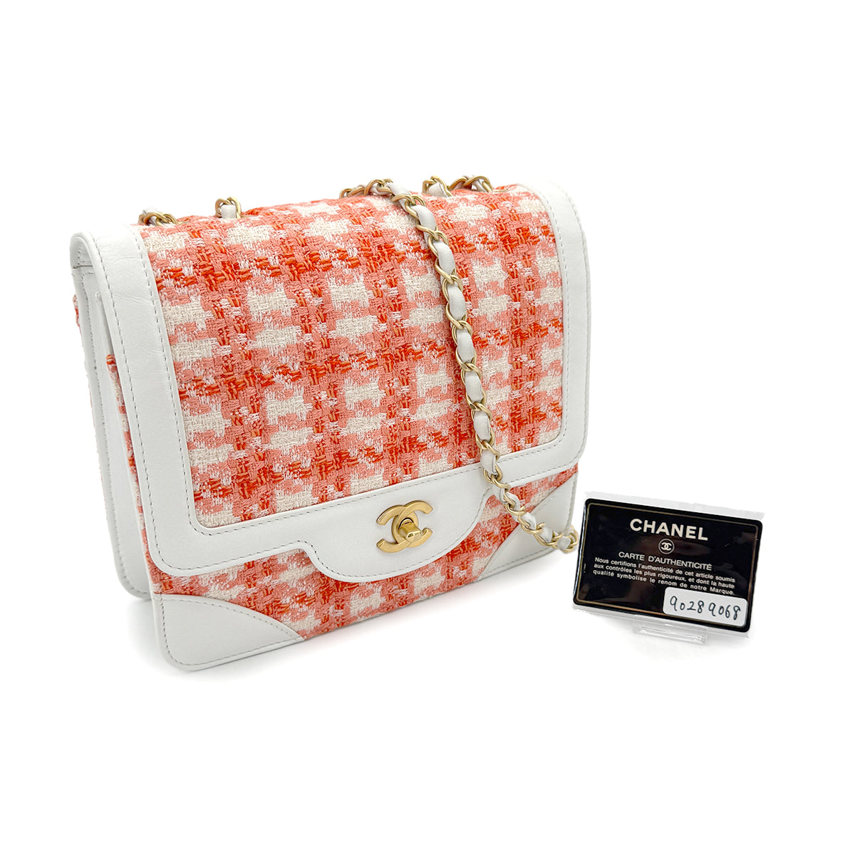 CHANEL VINTAGE CHOCOLATE BAR CHAIN SHOULDER BAG ORANGE TWEED 90289068
