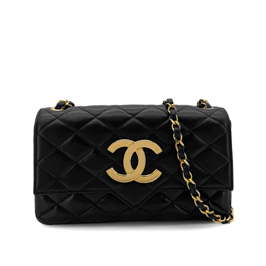 CHANEL VINTAGE MATELASSE BIG COCO CHAIN SHOULDER BAG BLACK LAMB SKIN 90289069