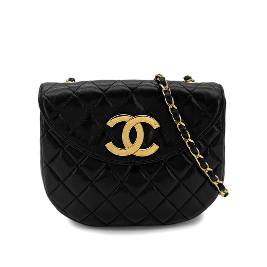 CHANEL VINTAGE BIG COCO HALF MOON CHAIN SHOULDER BAG BLACK LAMB SKIN 90289070