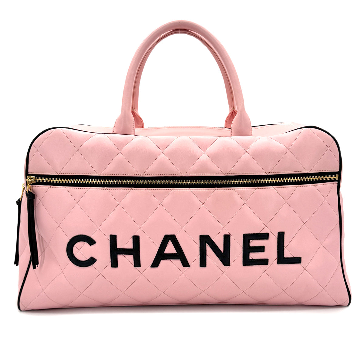 CHANEL VINTAGE MATELASSE LOGO BOSTON HAND BAG PINK BLACK LEATHER 90289079