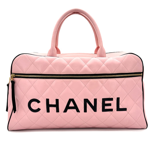 CHANEL VINTAGE MATELASSE LOGO BOSTON HAND BAG PINK BLACK LEATHER 90289079