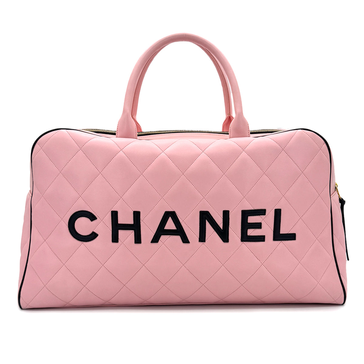CHANEL VINTAGE MATELASSE LOGO BOSTON HAND BAG PINK BLACK LEATHER 90289079