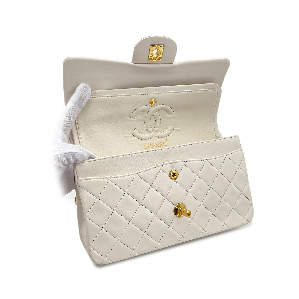 CHANEL VINTAGE CLASSIC FLAP SMALL CHAIN SHOULDER BAG WHITE LAMB SKIN 90289353